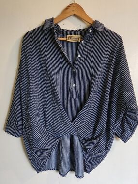 Striped Navy  Faux Wrap-Front Women's Shirt. Boho.
